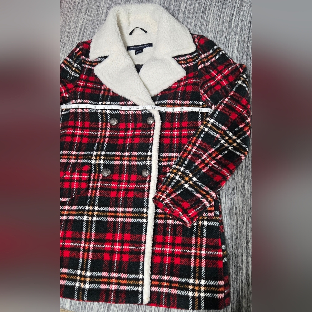 French Connection Red Plaid Pea Coat with White Faux Shearling Collar - Size XS - Picture 7 of 10